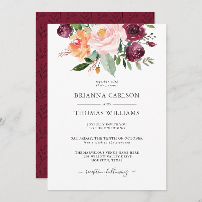 Convite Rustic Romance Burgundy e Casamento Floral Rosa (Frente/Verso)