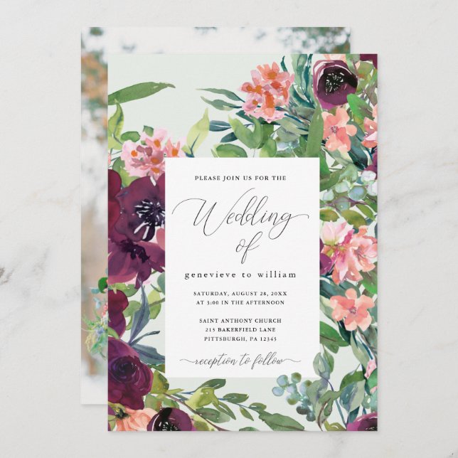 Convite Rustic Romance Floral Photo Wedding (Frente/Verso)