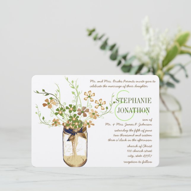 Convite Rustic Romantic Copper Olive Mason Jar Wedding (Em pé/Frente)