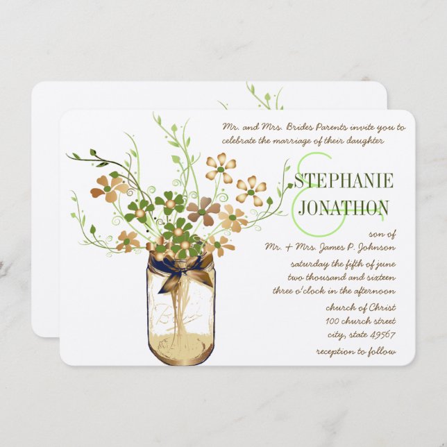 Convite Rustic Romantic Copper Olive Mason Jar Wedding (Frente/Verso)