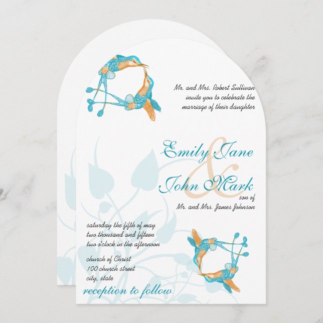 Convite Rustic Romantic Hummingbird Kiss Love BirdWedding (Frente/Verso)