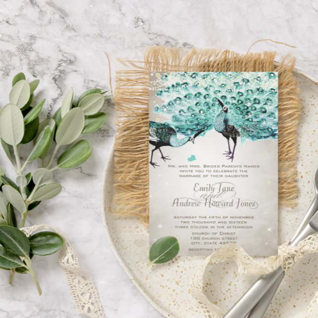 Convite Rustic Romantic Mason Jar Mint Peacock Casamento (Criador carregado)