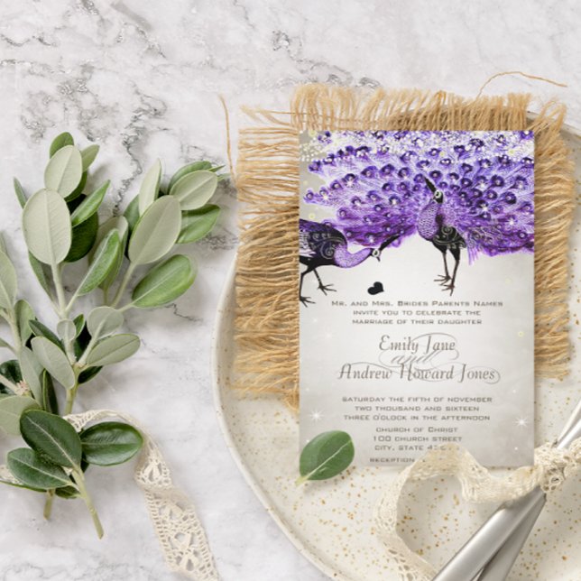 Convite Rustic Romantic Mason Jar Purple Peacock (Criador carregado)