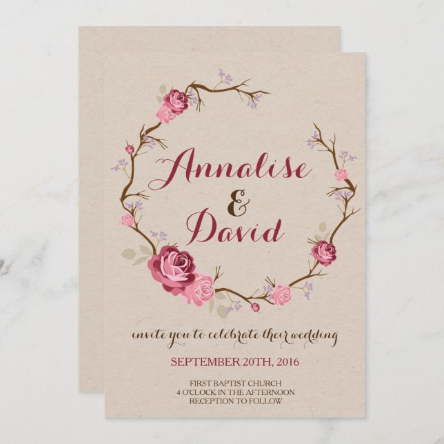Convite Rustic Rosa Wedding (Frente/Verso)
