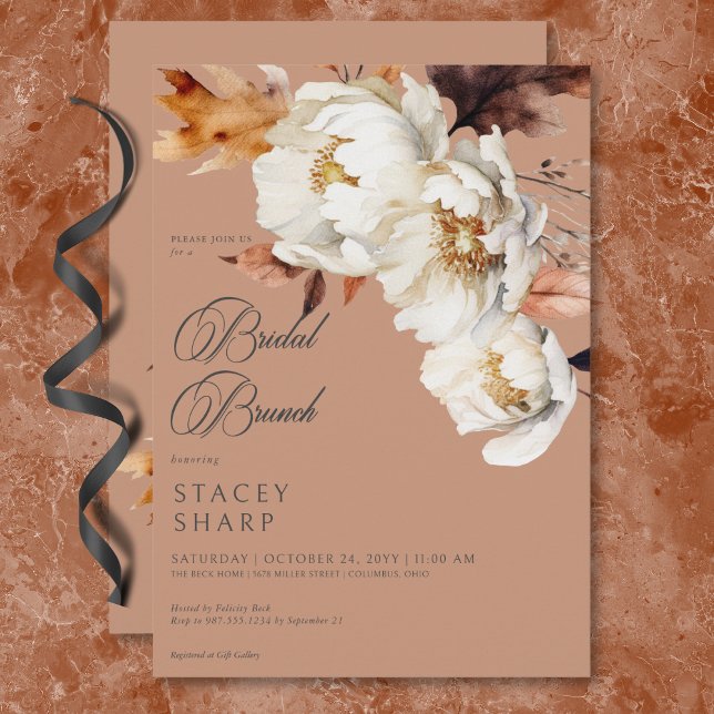 Convite Rustic Rust & Cream Fall Floral & Deixa Brunch (Rustic Rust & Cream Fall Floral & Leaves Brunch Invitation)