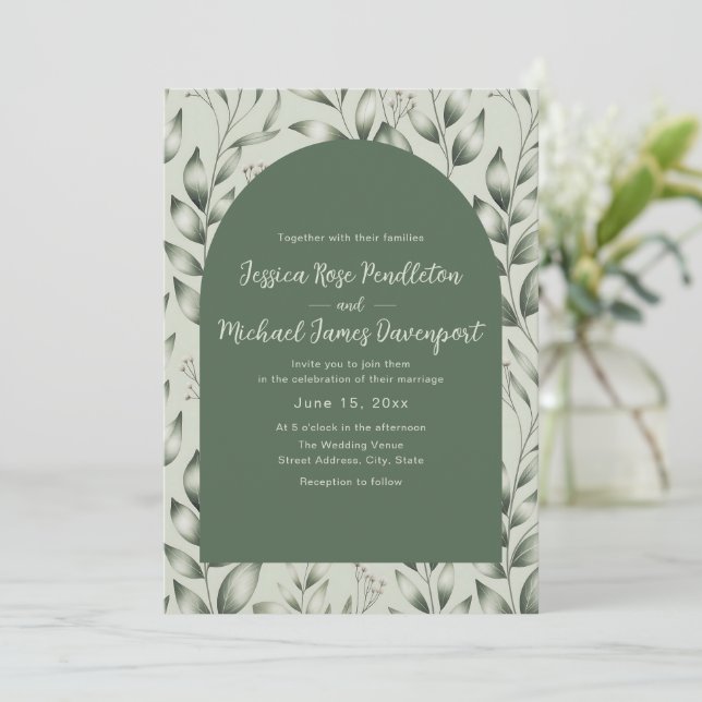 Convite Rustic Sage Green Botanical Arch Photo Wedding (Em pé/Frente)