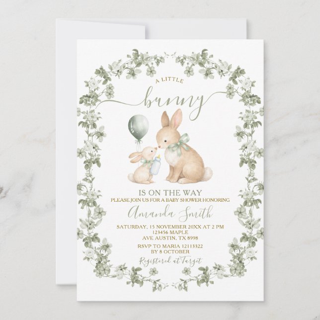 Convite Rustic Sage Green Bunny Baby Shower Invitation (Frente)