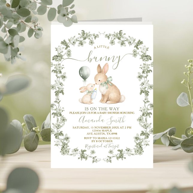Convite Rustic Sage Green Bunny Baby Shower Invitation (Criador carregado)