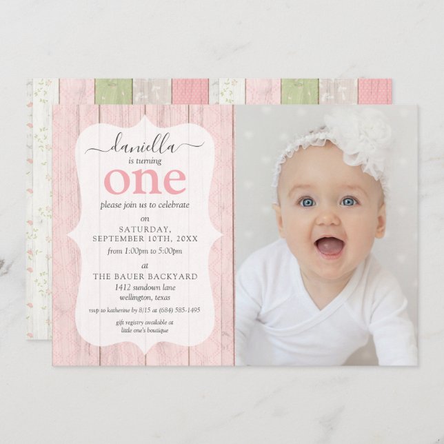 Convite Rustic Sage Green Pink Floral Wood Foto de Anivers (Frente/Verso)