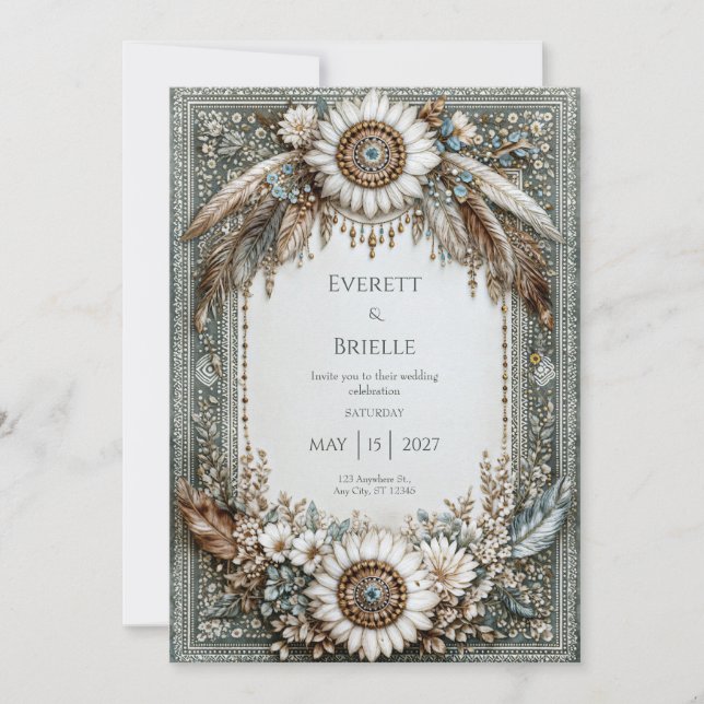 Convite Rustic Sage Green White Sunflower Feather Wedding (Frente)