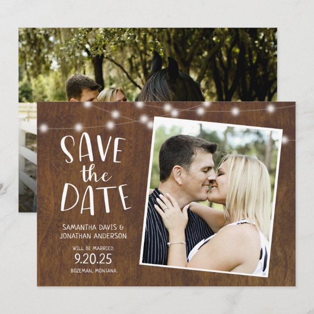 Convite Rustic Save the Date Country Lights Photo (Frente/Verso)