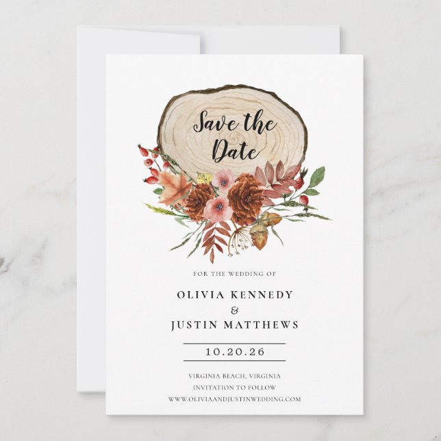 Convite Rustic Save the Date Fall Floral Wood Slice Invit (Frente)