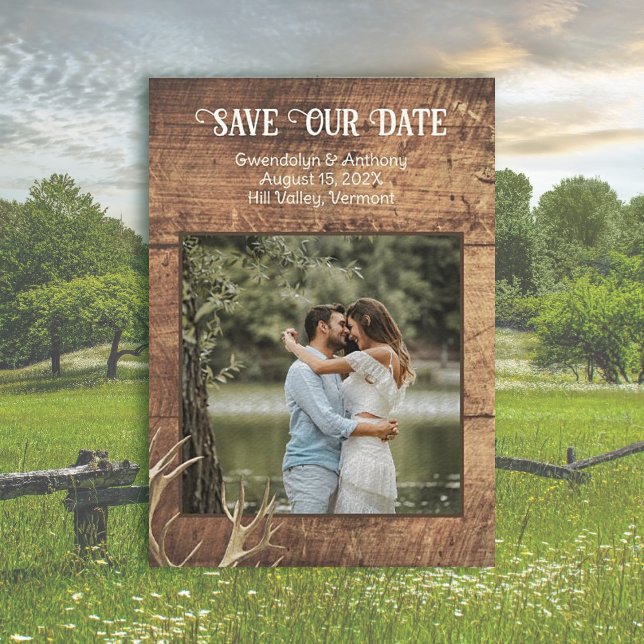 Convite Rustic Save the Dates Wood Antlers Modelo de Foto (Criador carregado)