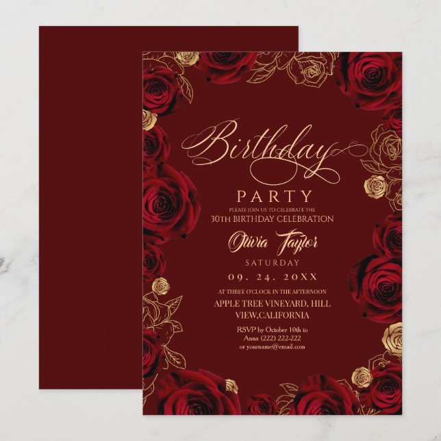Convite Rustic Script Burgundy Rose Birthday  (Frente/Verso)