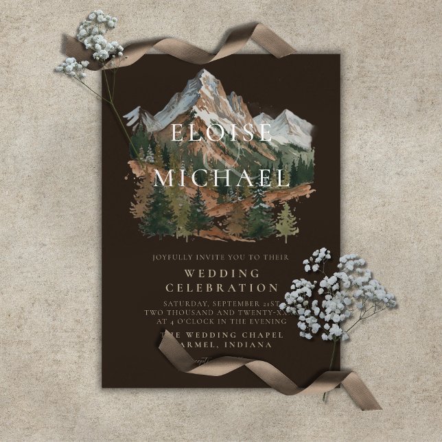 Convite Rustic Snowy Mountain Landscape Watercolor Wedding (Rustic Snowy Mountain Landscape Watercolor Wedding Invitation)