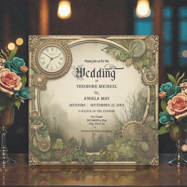 Convite Rustic Steampunk Gears Wedding Invitation (Criador carregado)