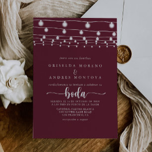 Convite Rustic String Lights Burgundy Casamento Espanhol