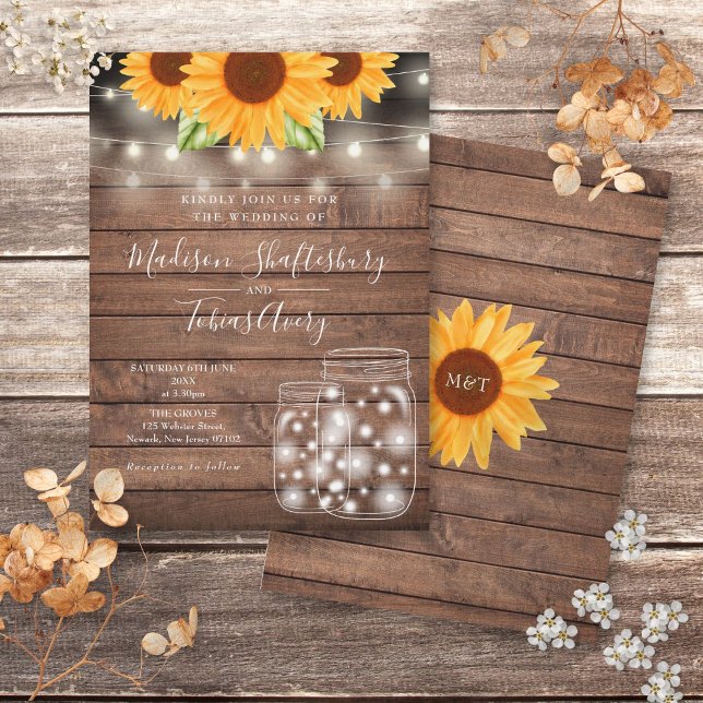 Convite Rustic String Lights Mason Jar Sunflower Casamento (Rustic String Lights Mason Jar Sunflowers Wedding Invitation)