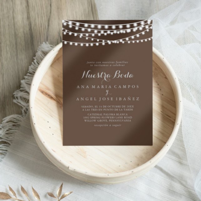 Convite Rustic String Lights Nuestra Boda Wedds (Criador carregado)