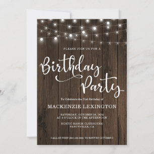 Convite Rustic String Lights Wood aniversário de 21 anos P