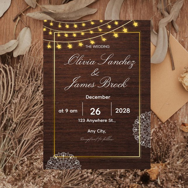 Convite Rustic String Lights Wood Wedding Invitation, Boho (Criador carregado)