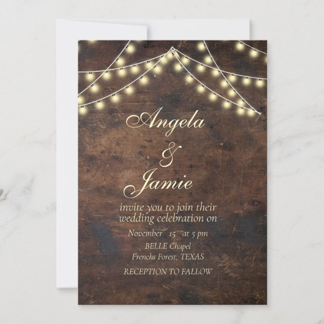 Convite rustic string luzes elegante WEDDING (Frente)