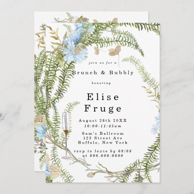 Convite Rustic Summer Fern Wreath Brunch e Bubble Invitati (Frente/Verso)