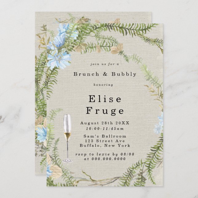 Convite Rustic Summer Fern Wreath Brunch e Bubble Invitati (Frente/Verso)