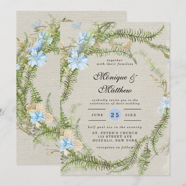 Convite Rustic Summer Fern Wreath Wedding (Frente/Verso)
