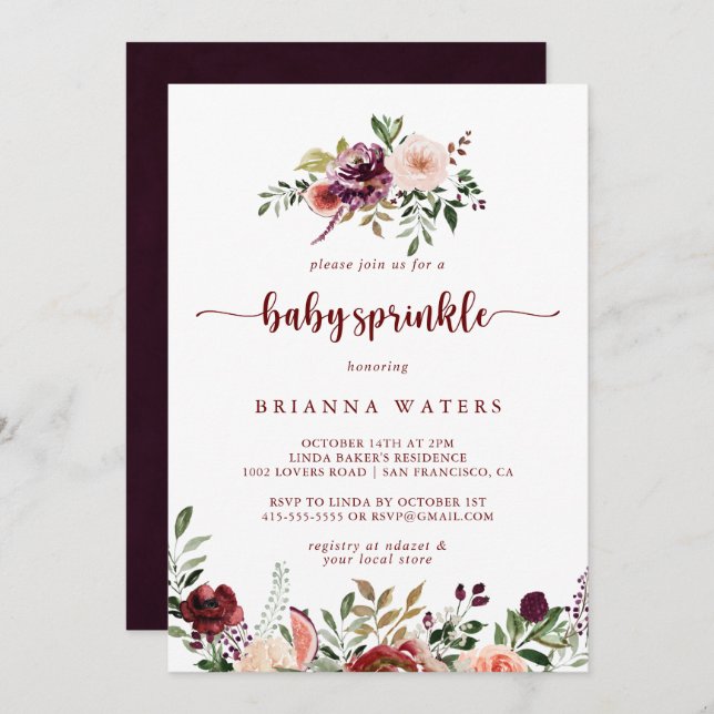 Convite Rustic Summer Floral Calliografia Bebê Sprinkle (Frente/Verso)