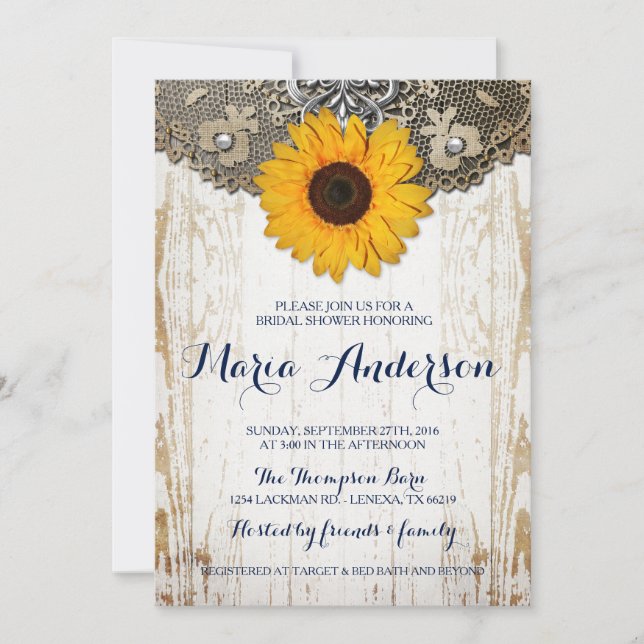 Convite Rustic Sunflower and Lace Chá de panela Invite (Frente)