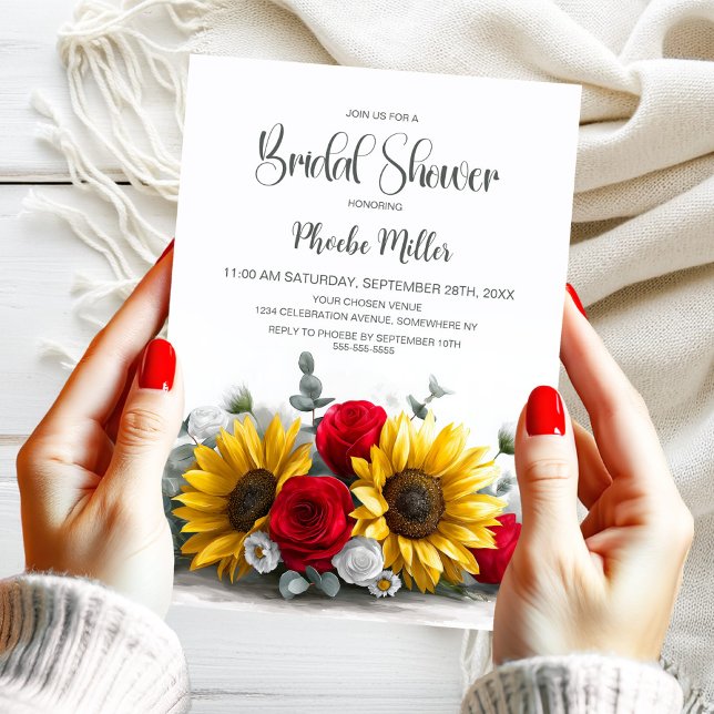 Convite Rustic Sunflower and Red Rose Floral Bridal Shower (Criador carregado)
