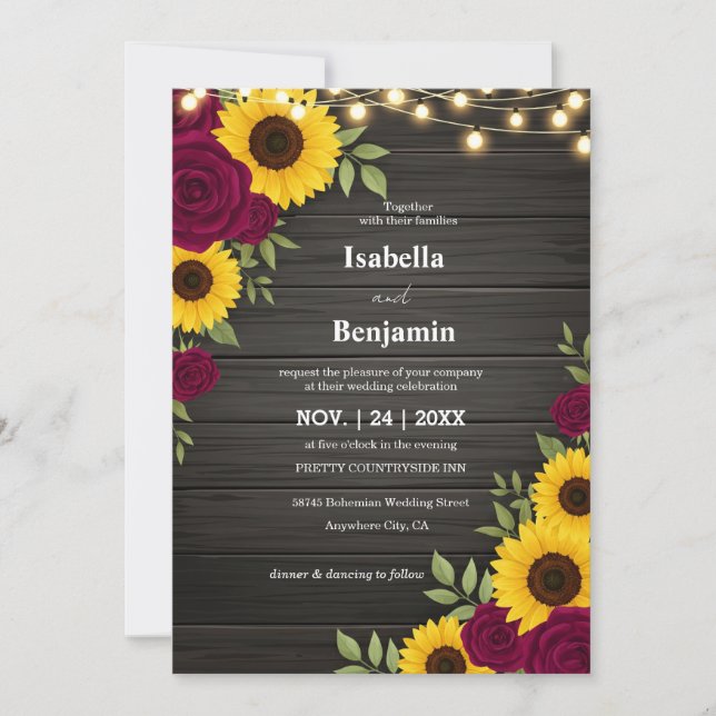 Convite Rustic Sunflower and Rosa Weditation (Frente)