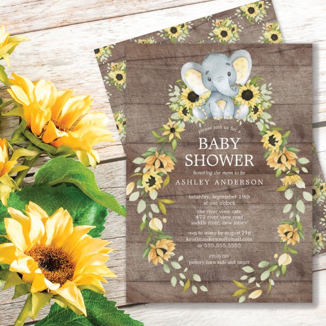 Convite Rustic Sunflower & Baby Elephant Baby Shower (Criador carregado)