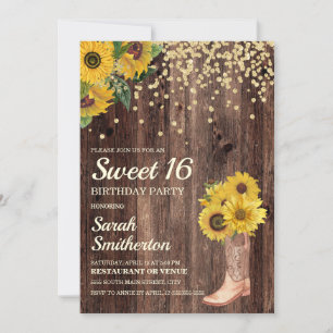 Convite Rustic Sunflower Boots Glitter Sweet 16 Aniversári