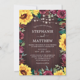 Convite Rustic Sunflower Burgundy Luz Casamento de Madeira
