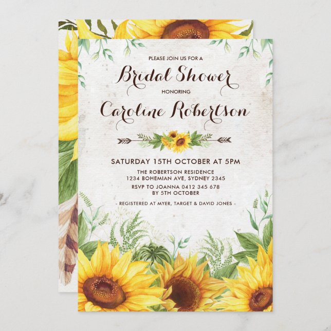 Convite Rustic Sunflower Chá de panela Floral Invite (Frente/Verso)