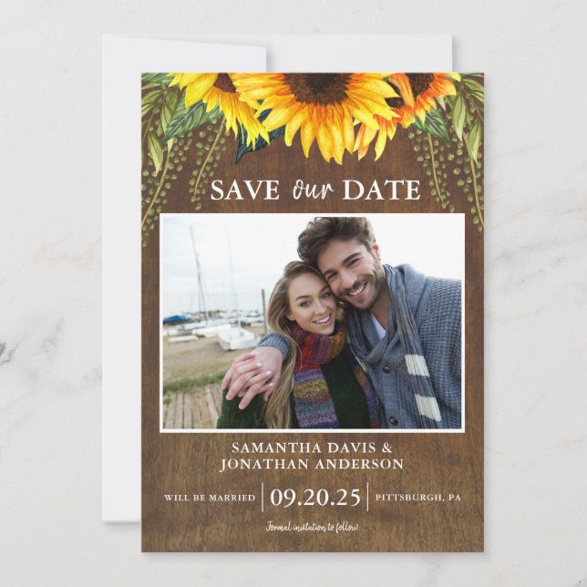 Convite Rustic Sunflower Classic Photo Save the Date (Frente)
