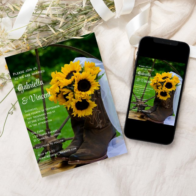 Convite Rustic Sunflower Cowboy Boots Western Weds (Criador carregado)