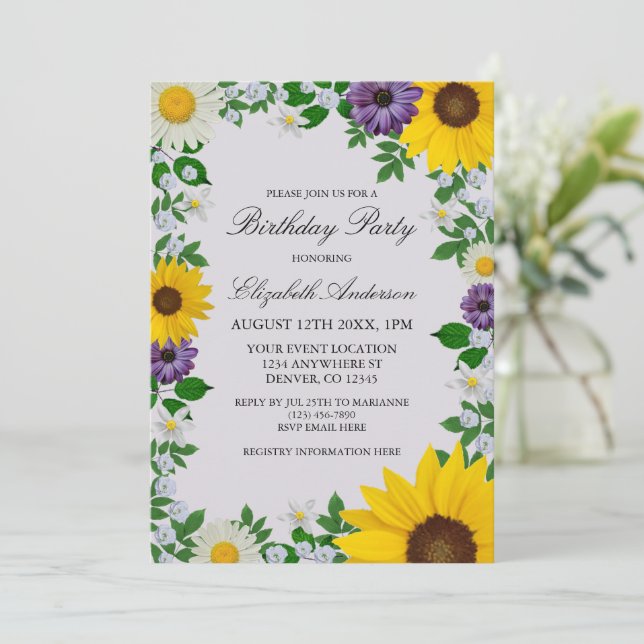 Convite Rustic Sunflower Daisy Floral Birthday (Em pé/Frente)