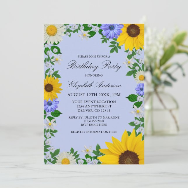 Convite Rustic Sunflower Daisy Floral Birthday (Em pé/Frente)