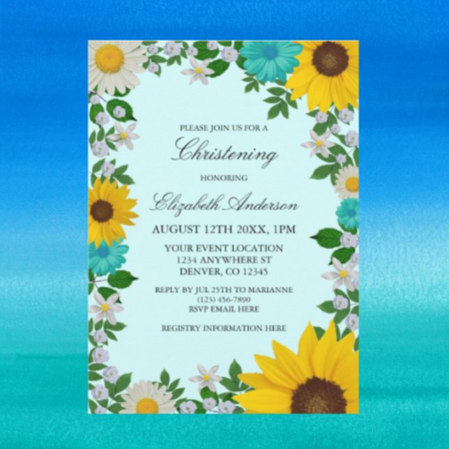 Convite Rustic Sunflower Daisy Floral Christening (Criador carregado)