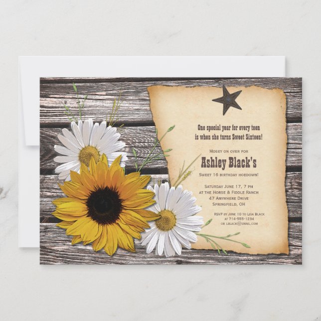 Convite Rustic Sunflower Daisy Sweet 16 Aniversário (Frente)