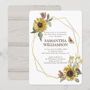 Convite Rustic Sunflower Floral First Communitation