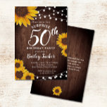 Convite Rustic Sunflower & Lights Surpreende 50º aniversár<br><div class="desc">Este design apresenta bonito girassóis pintados a aquarelas em um fundo de madeira rústica acentuado com luzes de cordas. Clique no botão personalizar para obter mais flexibilidade na modificação do texto ou na movimentação dos gráficos! No nosso compro, estão disponíveis variantes desta design, bem como produtos de coordenação, zazzle.com/store/doodlelulu. Entre...</div>