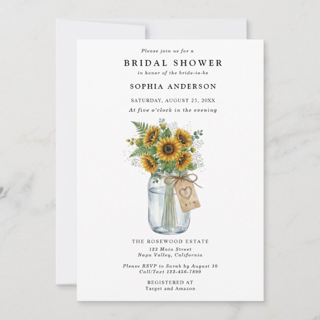 Convite Rustic Sunflower Mason Jar Bridal Shower (Frente)