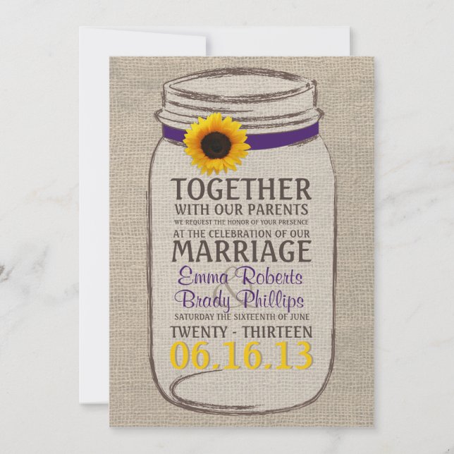 Convite Rustic Sunflower & Mason Jar Casamento (Frente)