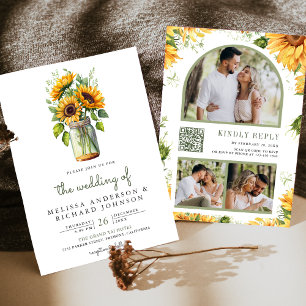 Convite Rustic Sunflower Mason Jar Código QR Casamento