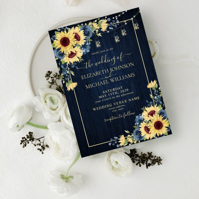 Convite Rustic Sunflower Navy Blue Wood Floral Wedding (Criador carregado)
