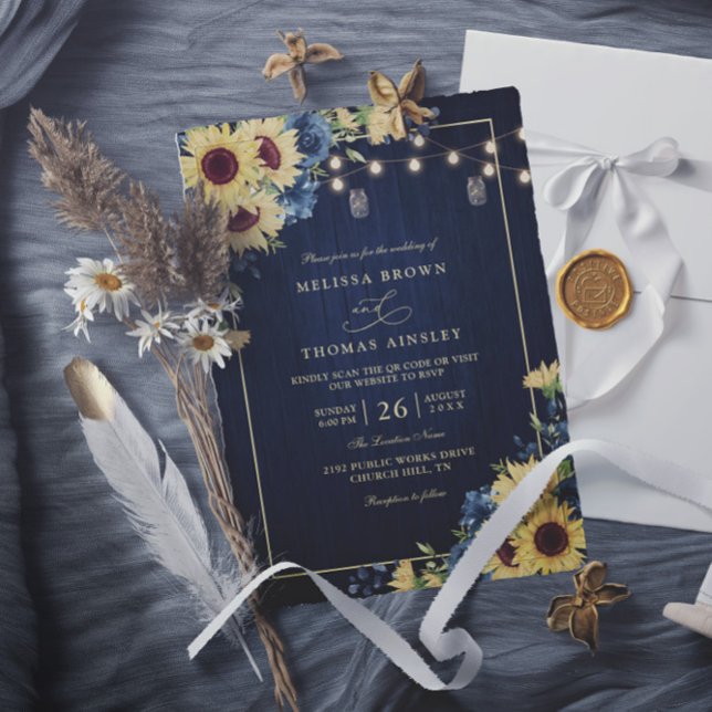 Convite Rustic Sunflower Navy Blue Wood QR Code Wedding (Criador carregado)